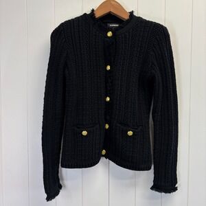 Express Womens Academia Chunky Knit Gold Crest Button Cardigan Sweater Size S